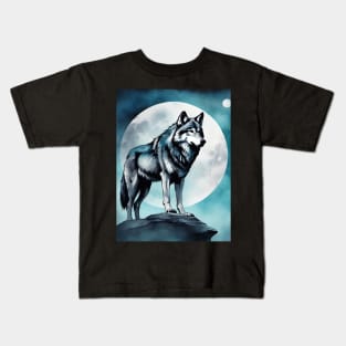 Timber Wolf in Watercolor and Charcoal Kids T-Shirt